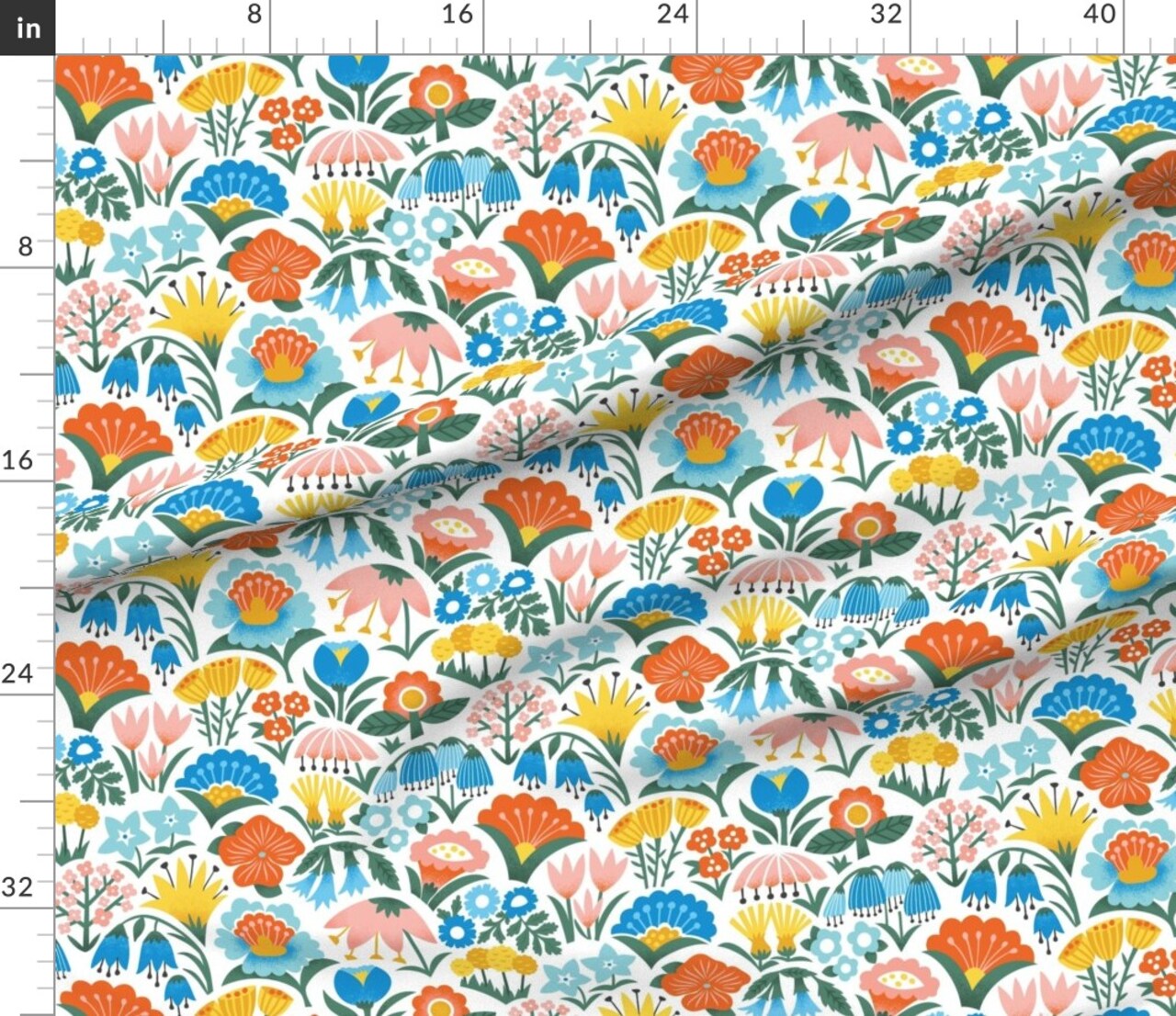 Scandinavian Floral Folk Flowers Pink Yellow Blue Garden Botanical Vintage Retro Midcentury Modern Custom Printed Fabric by Spoonflower Various Fabrics by the Yard or Fat Quarter